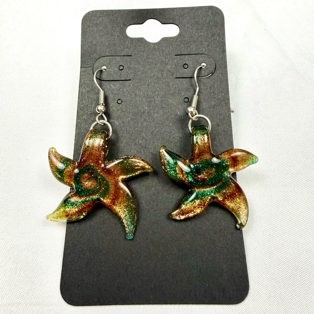 Glitter Starfish Dangle Earrings‎ Coastal Beach Ocean Murano Style Glass